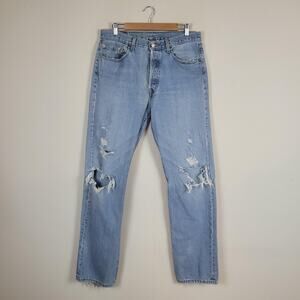 Levis 501 Jeans 34x36 Light Wash Blue Denim Button Fly Distressed Straight Leg